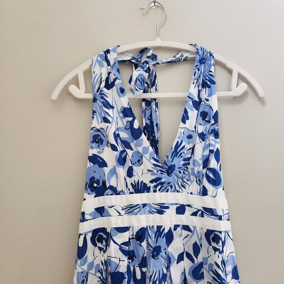 Women's SZ 8 London Times Blue Floral Halter Ruched Maxi Dress Beach Summer - Picture 2 of 8